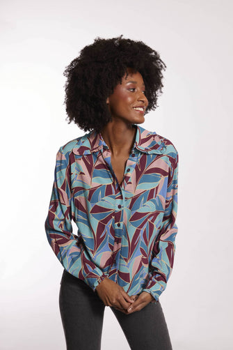 Print leaves bordeaux/pink/turquoise / 44